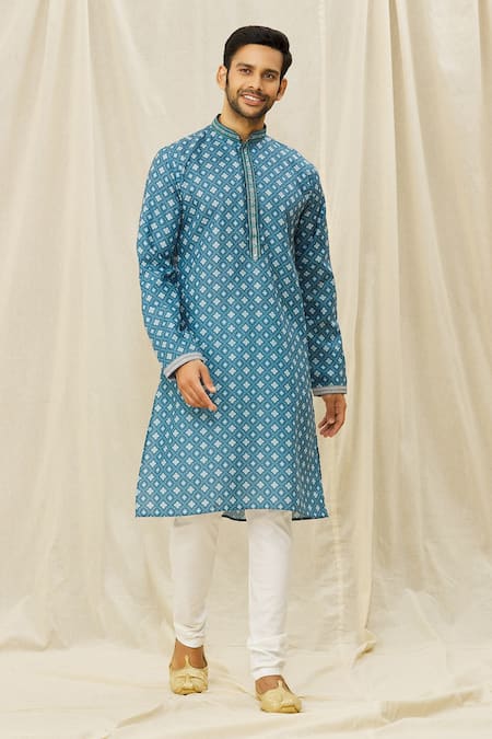 Buy_Arihant Rai Sinha_Blue Handloom Cotton Mirrors, Embroidery Straight Kurta _Online_at_Aza_Fashions