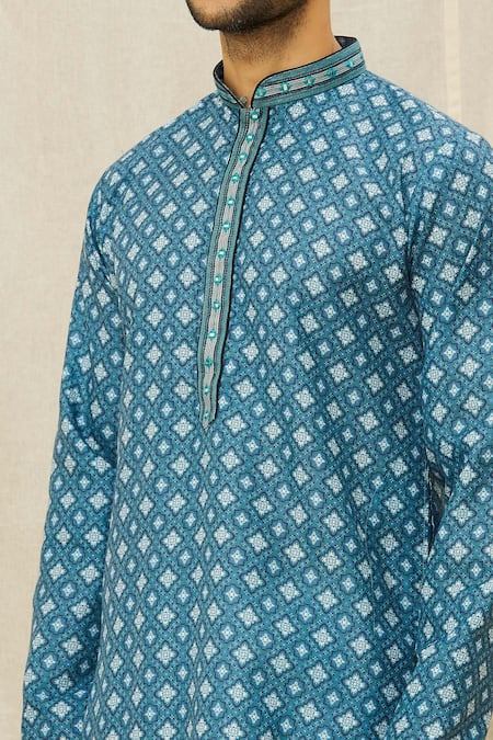 Shop_Arihant Rai Sinha_Blue Handloom Cotton Mirrors, Embroidery Straight Kurta _Online_at_Aza_Fashions