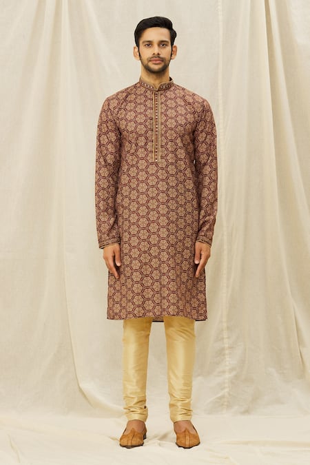 Arihant Rai Sinha_Brown Handloom Cotton Mirrors, Embroidery Straight Kurta _Online_at_Aza_Fashions