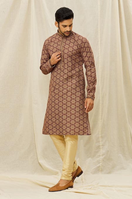 Buy_Arihant Rai Sinha_Brown Handloom Cotton Mirrors, Embroidery Straight Kurta _Online_at_Aza_Fashions