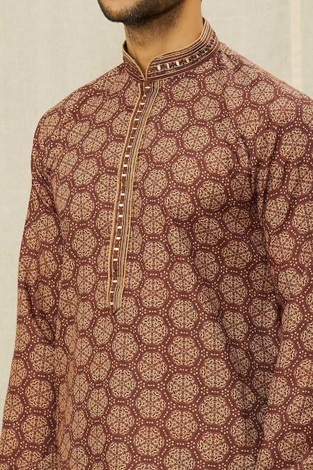 Shop_Arihant Rai Sinha_Brown Handloom Cotton Mirrors, Embroidery Straight Kurta _Online_at_Aza_Fashions