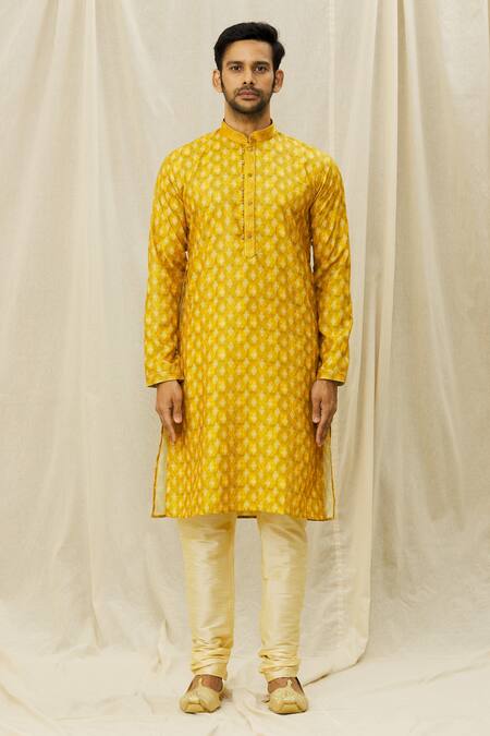 Arihant Rai Sinha Yellow Handloom Cotton Embroidery Print Kurta Online at Aza Fashions Arihant Rai Sinha_Yellow Handloom Cotton Embroidery Print Kurta _Online_at_Aza_Fashions