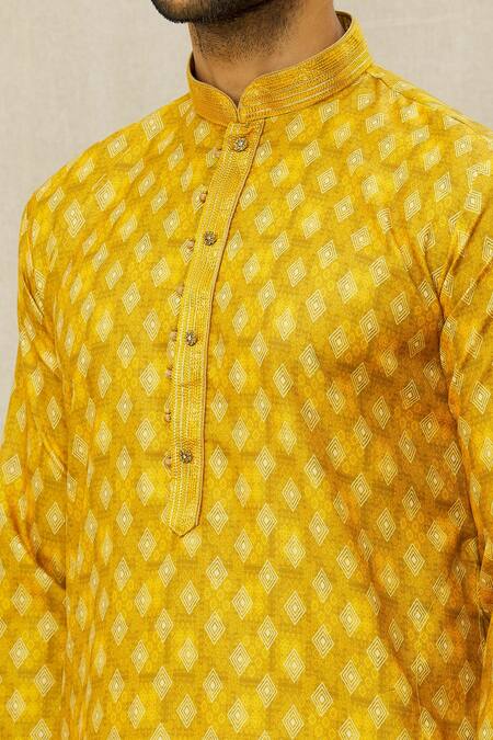 Shop Arihant Rai Sinha Yellow Handloom Cotton Embroidery Print Kurta Online at Aza Fashions Shop_Arihant Rai Sinha_Yellow Handloom Cotton Embroidery Print Kurta _Online_at_Aza_Fashions