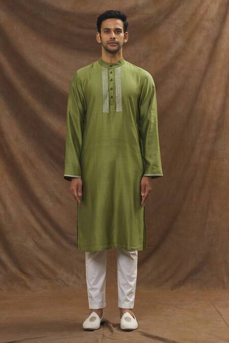 The MeN'S Kompany_Green Chanderi Silk Kurta And Pant Set  _Online_at_Aza_Fashions