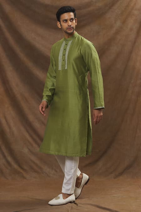 Shop_The MeN'S Kompany_Green Chanderi Silk Kurta  _Online_at_Aza_Fashions