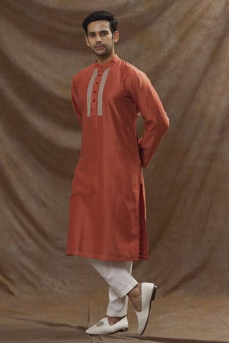 Buy The MeN'S Kompany Orange Chanderi Silk Kurta And Pant Set Online at Aza Fashions Buy_The MeN'S Kompany_Orange Chanderi Silk Kurta And Pant Set _Online_at_Aza_Fashions