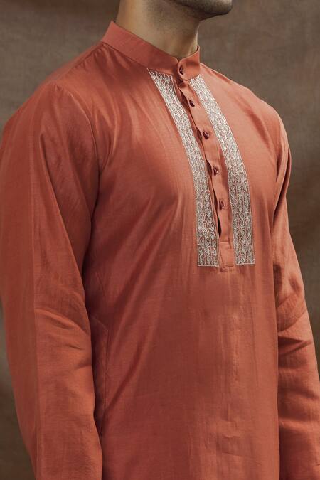 Shop The MeN'S Kompany Orange Chanderi Silk Kurta And Pant Set Online at Aza Fashions Shop_The MeN'S Kompany_Orange Chanderi Silk Kurta And Pant Set _Online_at_Aza_Fashions