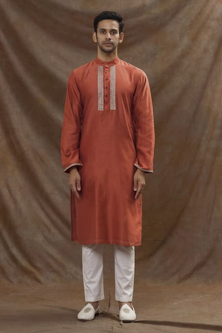 The MeN'S Kompany_Orange Chanderi Silk Kurta  _Online_at_Aza_Fashions