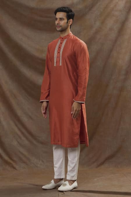 Buy_The MeN'S Kompany_Orange Chanderi Silk Kurta  _Online_at_Aza_Fashions