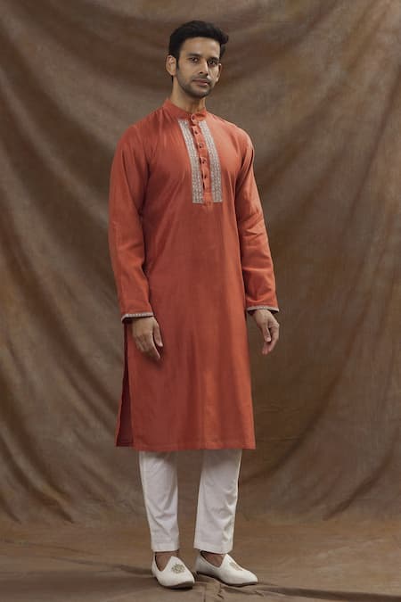 Shop_The MeN'S Kompany_Orange Chanderi Silk Kurta  _Online_at_Aza_Fashions