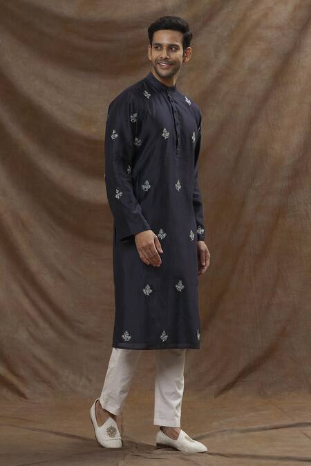 Buy The MeN'S Kompany Blue Chanderi Silk Thread Kurta And Pant Set Online at Aza Fashions Buy_The MeN'S Kompany_Blue Chanderi Silk Thread Kurta And Pant Set _Online_at_Aza_Fashions