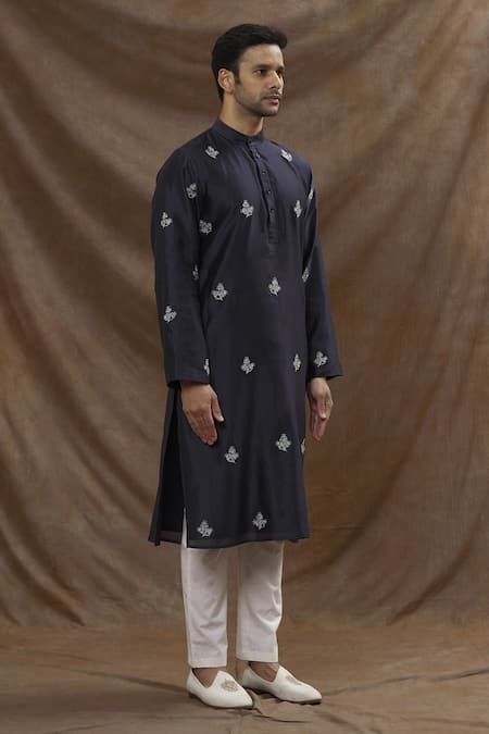Buy_The MeN'S Kompany_Blue Chanderi Silk Thread Kurta _Online_at_Aza_Fashions
