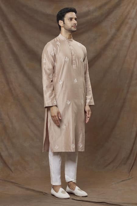 Shop_The MeN'S Kompany_Beige Chanderi Silk Thread Kurta _Online_at_Aza_Fashions