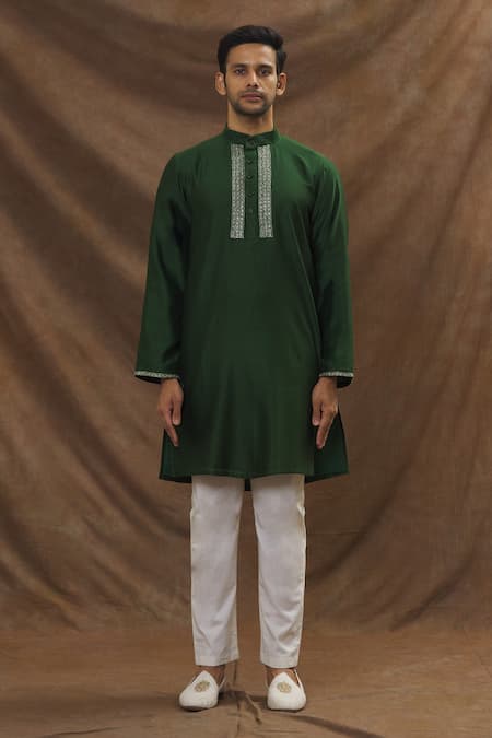 The MeN'S Kompany_Green Chanderi Silk Kurta _Online_at_Aza_Fashions