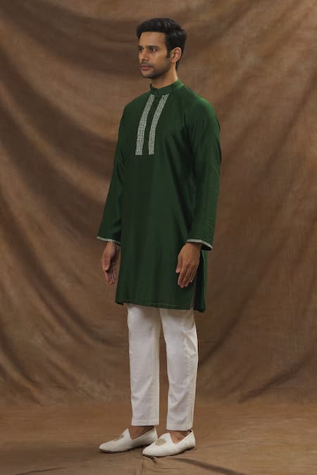 Shop_The MeN'S Kompany_Green Chanderi Silk Kurta _Online_at_Aza_Fashions