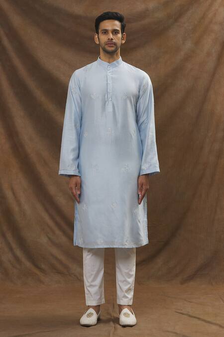 The MeN'S Kompany_Blue Chanderi Silk Thread Kurta _Online_at_Aza_Fashions