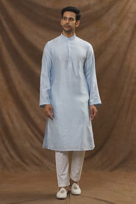 Shop_The MeN'S Kompany_Blue Chanderi Silk Thread Kurta _Online_at_Aza_Fashions