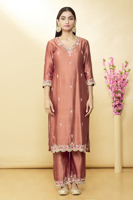 Surbhi Shah_Brown Organza, Spun Silk Floral V Neck Hand Embroidered Kurta Set_Online_at_Aza_Fashions