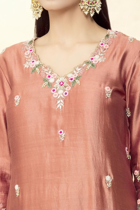 Buy_Surbhi Shah_Brown Organza, Spun Silk Floral V Neck Hand Embroidered Kurta Set_Online_at_Aza_Fashions