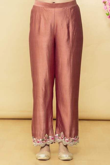 Shop_Surbhi Shah_Brown Organza, Spun Silk Floral V Neck Hand Embroidered Kurta Set_Online_at_Aza_Fashions