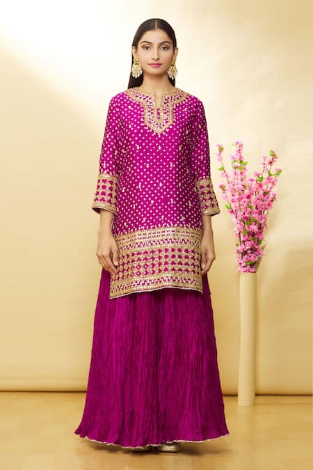Surbhi Shah_Pink Organza, Spun Silk Bandhej, Floral Round Kurta And Lehenga Set_Online_at_Aza_Fashions