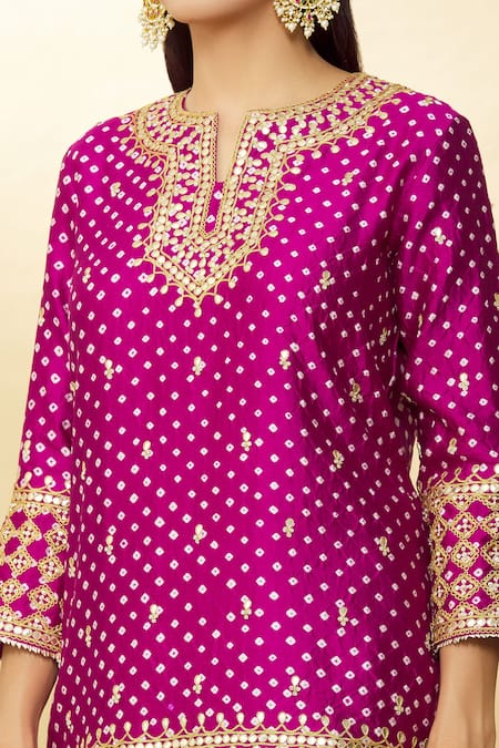 Buy_Surbhi Shah_Pink Organza, Spun Silk Bandhej, Floral Round Kurta And Lehenga Set_Online_at_Aza_Fashions