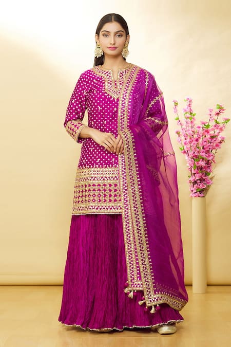 Surbhi Shah_Pink Organza, Spun Silk Bandhej, Floral Round Kurta And Lehenga Set_at_Aza_Fashions