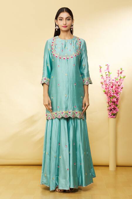 Surbhi Shah_Blue Organza, Spun Silk Hand Embroidered Short Kurta Sharara Set_Online_at_Aza_Fashions