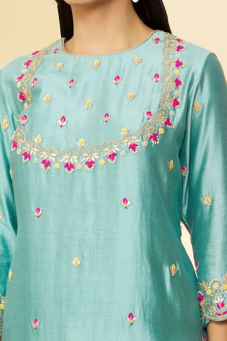 Buy_Surbhi Shah_Blue Organza, Spun Silk Hand Embroidered Short Kurta Sharara Set_Online_at_Aza_Fashions