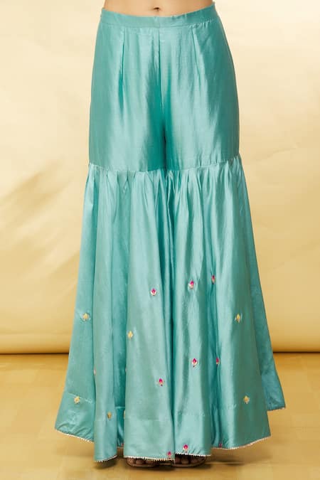 Shop_Surbhi Shah_Blue Organza, Spun Silk Hand Embroidered Short Kurta Sharara Set_Online_at_Aza_Fashions