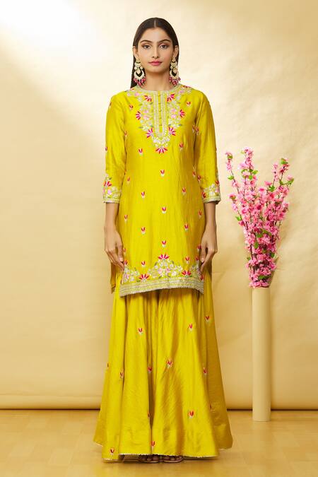 Surbhi Shah_Green Organza, Spun Silk Hand Embroidered Kurta Sharara Set_Online_at_Aza_Fashions