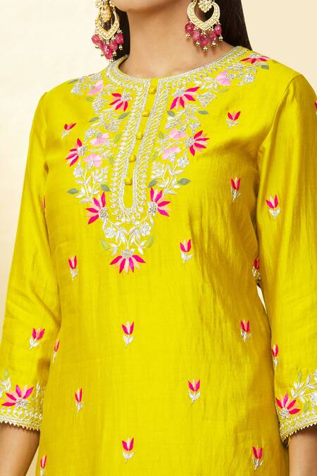 Buy_Surbhi Shah_Green Organza, Spun Silk Hand Embroidered Kurta Sharara Set_Online_at_Aza_Fashions