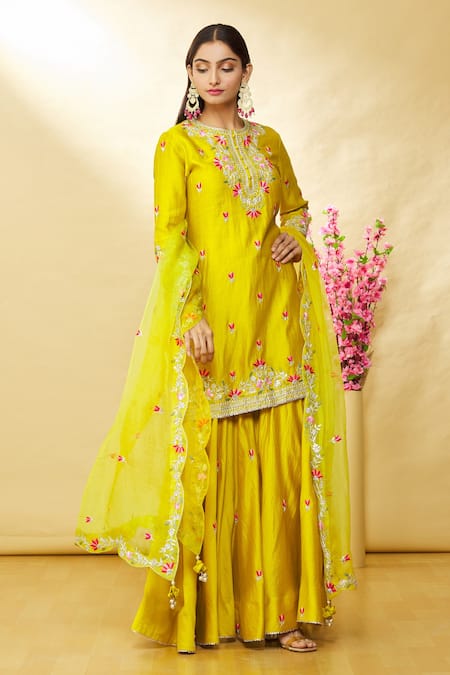 Surbhi Shah_Green Organza, Spun Silk Hand Embroidered Kurta Sharara Set_at_Aza_Fashions