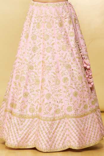Surbhi Shah_Pink Organza, Raw Silk Floral V Dandelion Hand Embroidered Lehenga Set_Online_at_Aza_Fashions
