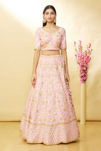 Buy_Surbhi Shah_Pink Organza, Raw Silk Floral V Dandelion Hand Embroidered Lehenga Set_Online_at_Aza_Fashions