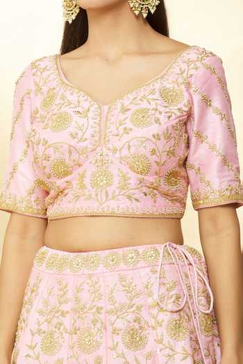 Shop_Surbhi Shah_Pink Organza, Raw Silk Floral V Dandelion Hand Embroidered Lehenga Set_Online_at_Aza_Fashions