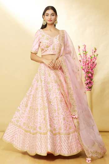 Surbhi Shah_Pink Organza, Raw Silk Floral V Dandelion Hand Embroidered Lehenga Set_at_Aza_Fashions