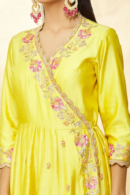 Buy_Surbhi Shah_Yellow Organza, Spun Silk Sequin And Threadwork Angrakha Kurta Set _Online_at_Aza_Fashions