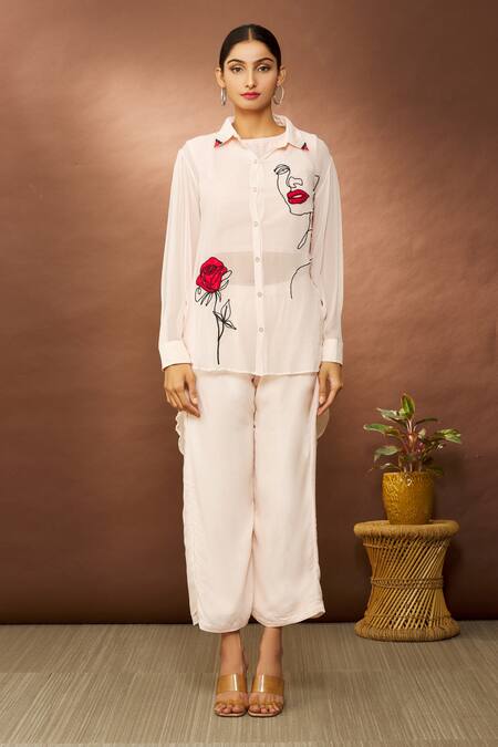 Buy Samyukta Singhania Pink Georgette Embroidered Abstract Shirt Collar High-low With Pant Online at Aza Fashions Buy_Samyukta Singhania_Pink Georgette Embroidered Abstract Shirt Collar High-low With Pant _Online_at_Aza_Fashions