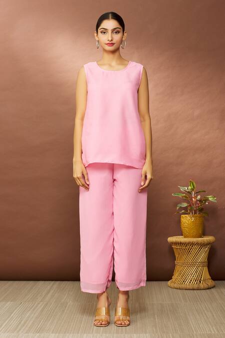 Samyukta Singhania Pink Georgette Shawl Neck Geometric Print Pant Set at Aza Fashions Samyukta Singhania_Pink Georgette Shawl Neck Geometric Print Pant Set_at_Aza_Fashions