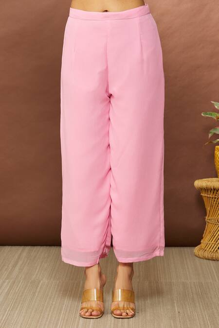 Samyukta Singhania Pink Georgette Shawl Neck Geometric Print Pant Set Online at Aza Fashions Samyukta Singhania_Pink Georgette Shawl Neck Geometric Print Pant Set_Online_at_Aza_Fashions