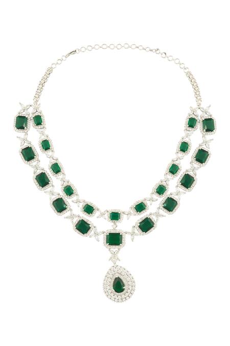 Shop_Saga Jewels_Green Stones Emerald Embellished Necklace Set_Online_at_Aza_Fashions
