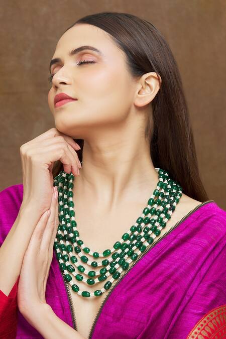 Buy_Saga Jewels_Green Pearl And Beads Layered Necklace_Online_at_Aza_Fashions
