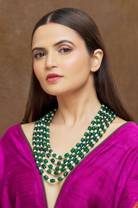 Saga Jewels_Green Pearl And Beads Layered Necklace_Online_at_Aza_Fashions
