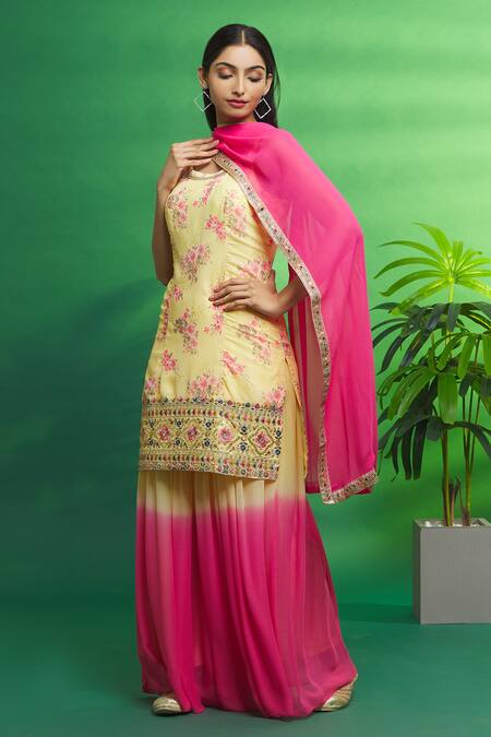 Buy_Aryavir Malhotra_Yellow Kurta  Viscose Chikankari Printed Floral V Neck And Sharara Set_Online_at_Aza_Fashions