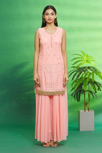Aryavir Malhotra_Pink Viscose Georgette Embroidered Thread V Neck Kurta And Sharara Set_Online_at_Aza_Fashions
