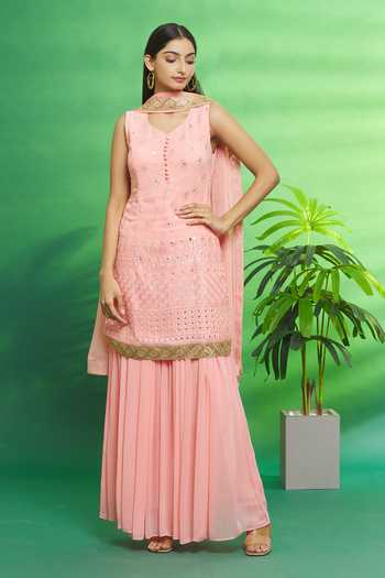 Buy_Aryavir Malhotra_Pink Viscose Georgette Embroidered Thread V Neck Kurta And Sharara Set_Online_at_Aza_Fashions