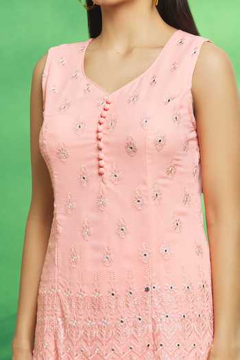 Shop_Aryavir Malhotra_Pink Viscose Georgette Embroidered Thread V Neck Kurta And Sharara Set_Online_at_Aza_Fashions