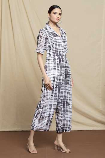 Shop_Khwaab By Sanjana Lakhani_Black Printed Stripes Jumpsuit _Online_at_Aza_Fashions