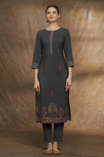 Khwaab By Sanjana Lakhani_Grey Printed Straight Kurta Set _Online_at_Aza_Fashions